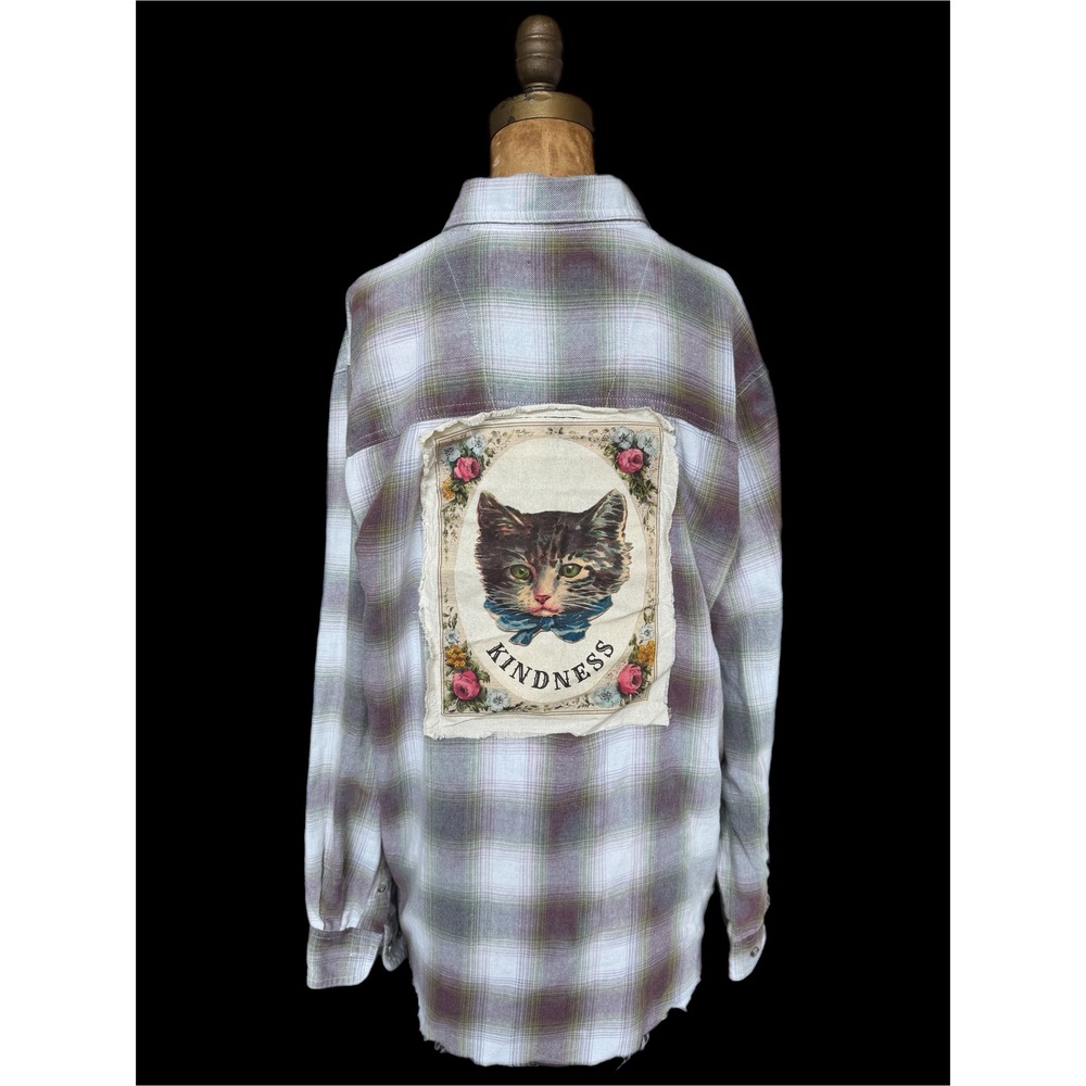 Lavender Sage Plaid Flannel Shirt L Kindness Cat Patch Raw Hem Boho